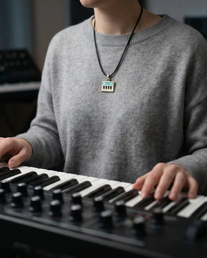 Gold and Light Blue Synthesizer Keyboard Necklace