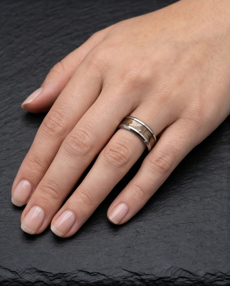 Natural Koa Wood Inlay Silver Band Ring