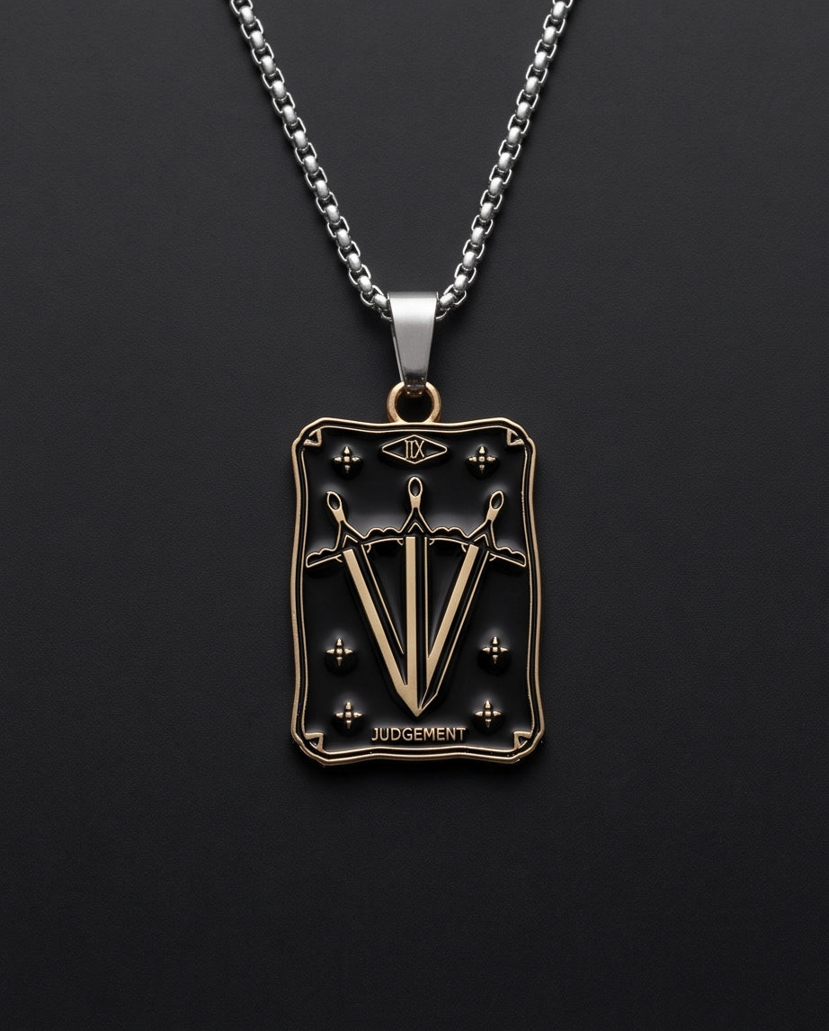 Gold "Judgement" Three Swords Tarot Card Pendant Necklace