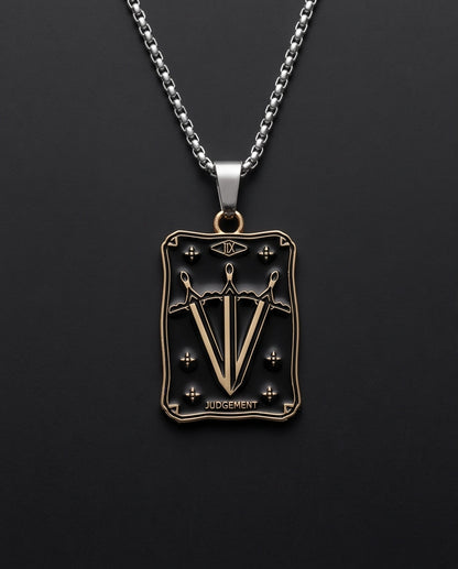 Gold "Judgement" Three Swords Tarot Card Pendant Necklace