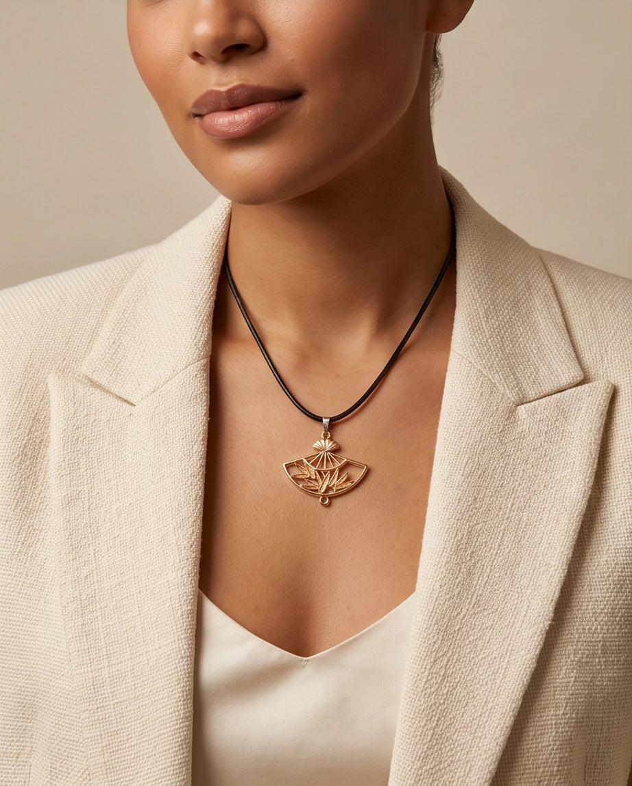 All-Gold Bamboo Fan Pendant Necklace