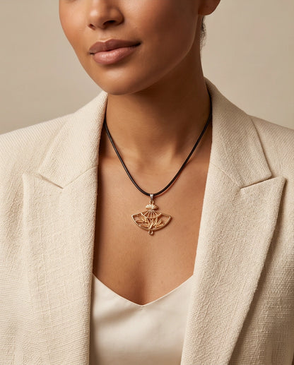 All-Gold Bamboo Fan Pendant Necklace