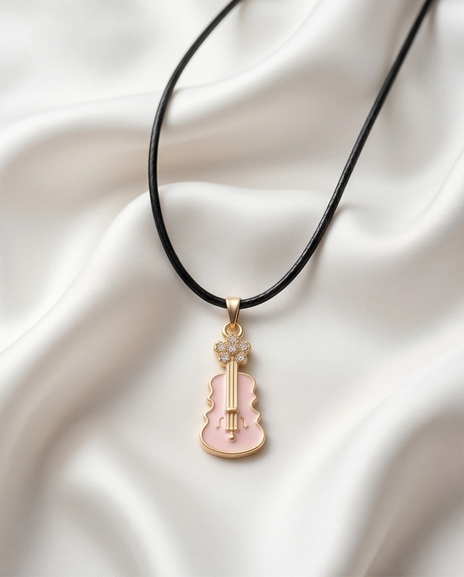Gold and Pink Enamel Violin Necklace