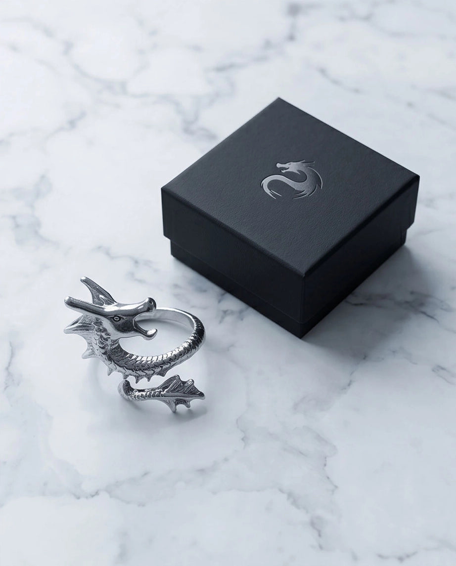 Polished Silver Sculpted Wyrm Dragon Wrap Ring