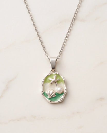 Silver Green Seashell Starfish Pearl Enamel Medallion Chain Necklace