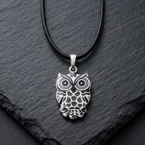 Intricate Monochrome Owl Totem Pendant Necklace