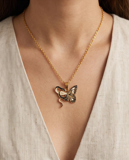 Gold Snake & Butterfly Celestial Enamel Pendant Necklace