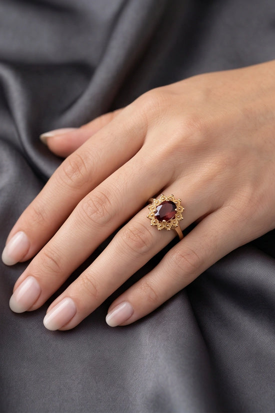 Vintage Gold Oval Garnet Victorian Halo Ring