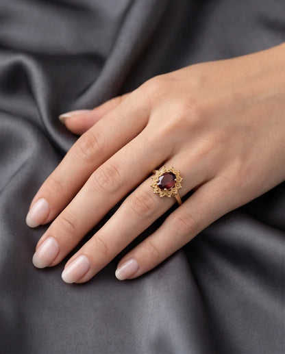 Vintage Gold Oval Garnet Victorian Halo Ring