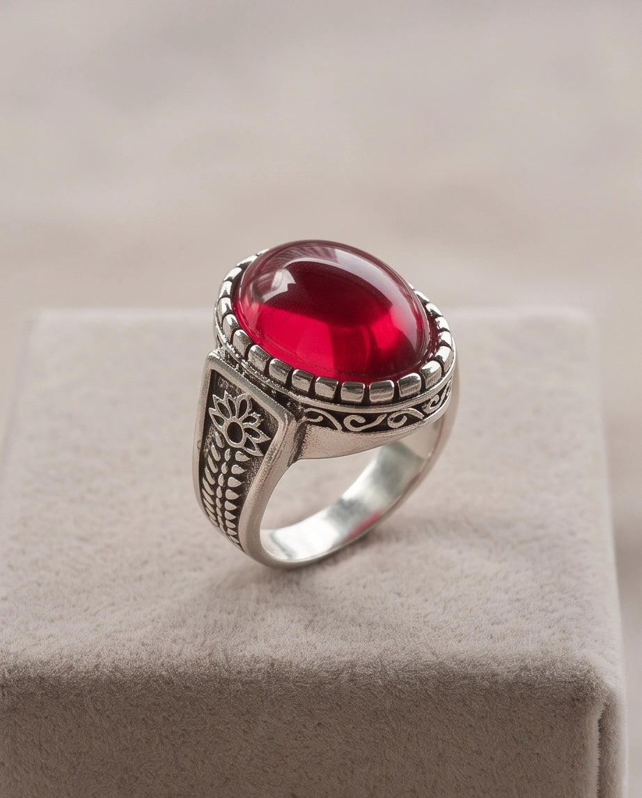 Ruby Cabochon Beaded Bezel Floral Silver Ring