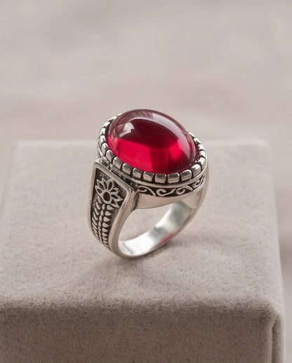 Ruby Cabochon Beaded Bezel Floral Silver Ring