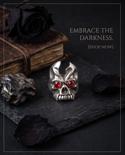Ruby-Eyed Gothic Horned Skull Silver Ring