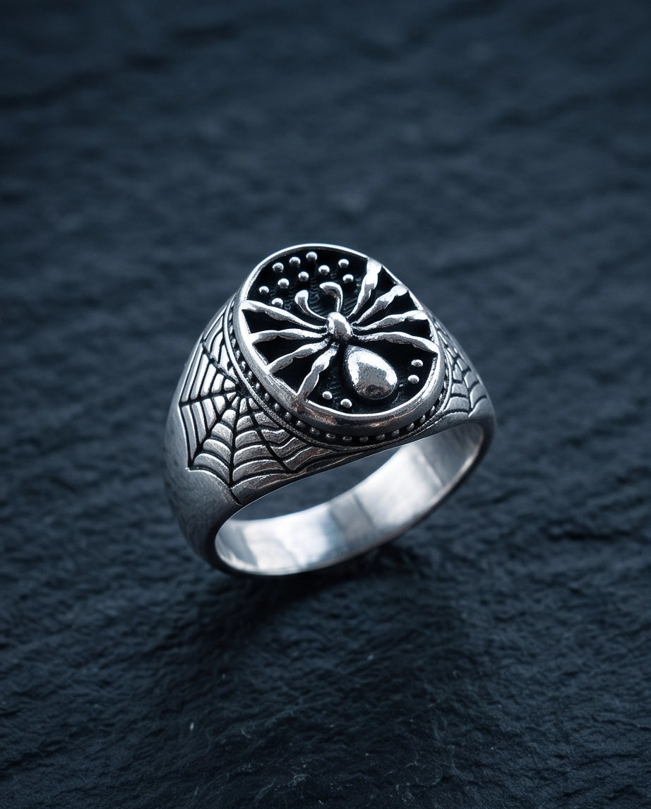 Arachnid Web-Shoulder Signet Silver Ring