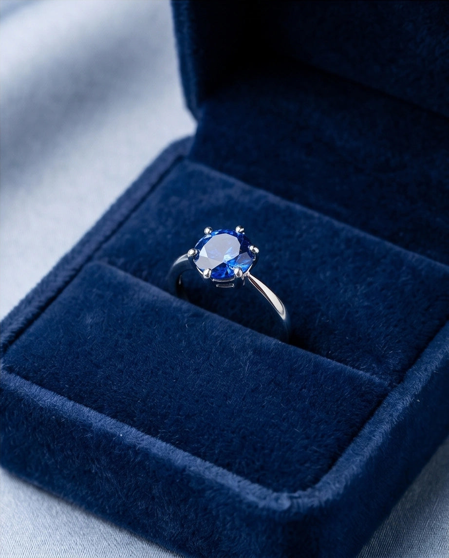 Sterling Silver Royal Blue Round Cut Solitaire Ring