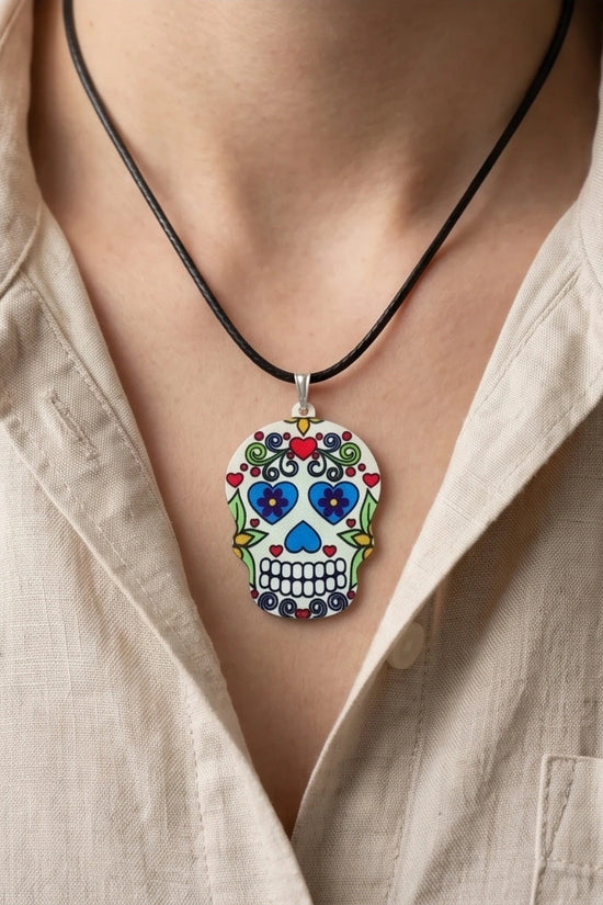 Vibrant White Sugar Skull Día de los Muertos Pendant Necklace