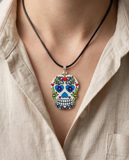 Vibrant White Sugar Skull Día de los Muertos Pendant Necklace