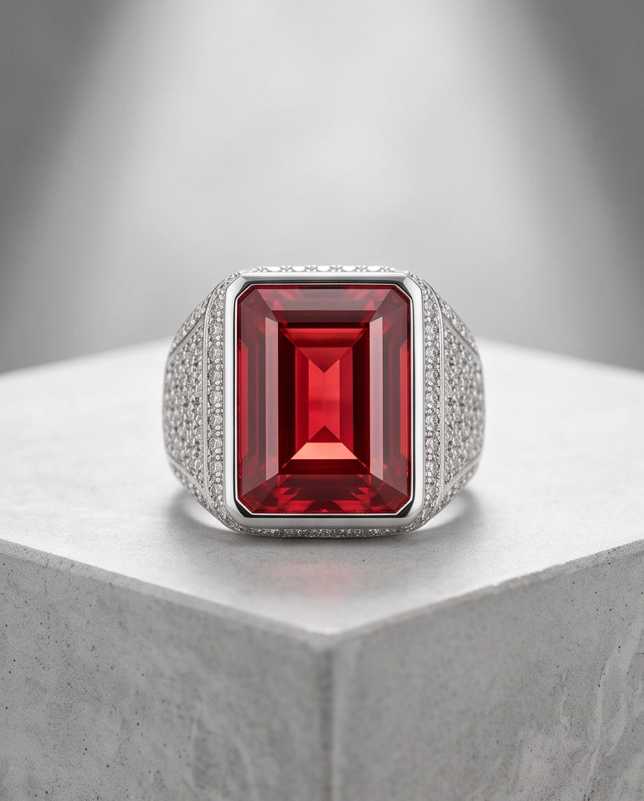 Ruby Red Emerald-Cut Gemstone Stippled Halo Silver Ring