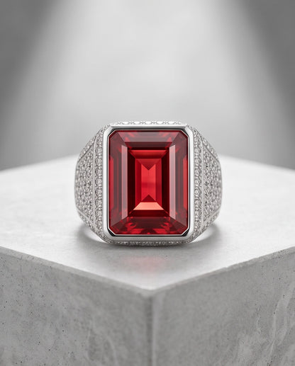 Ruby Red Emerald-Cut Gemstone Stippled Halo Silver Ring
