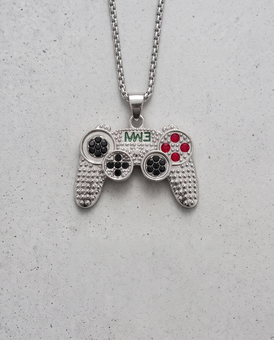 Silver Rhinestone Gamepad Controller Pendant Necklace