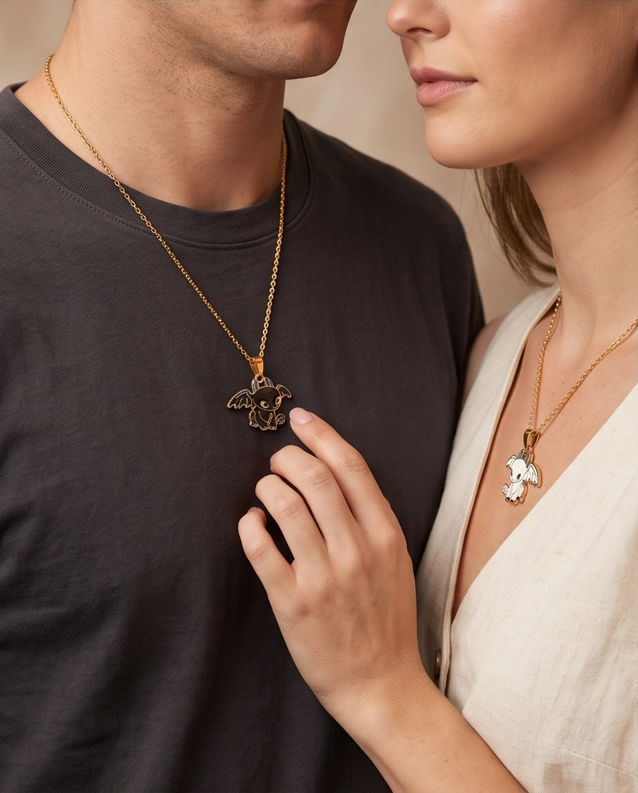 Gold Dragon Couple Enamel Pendant Necklace Set