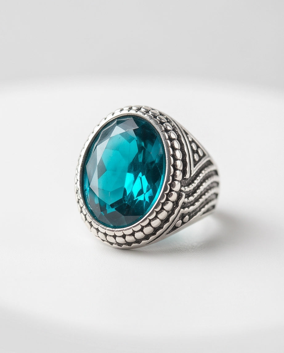 Aquamarine Gemstone Beaded Frame Wave Silver Ring