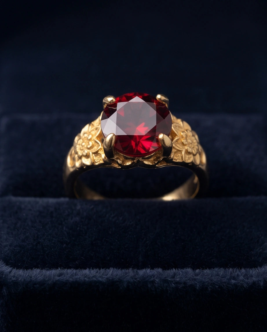 Golden Crimson Botanical Blossom Ring
