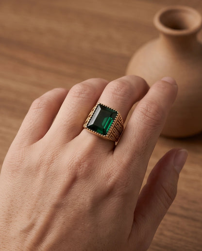 Emerald Cut Beaded-Rim Greek Key Gold Ring