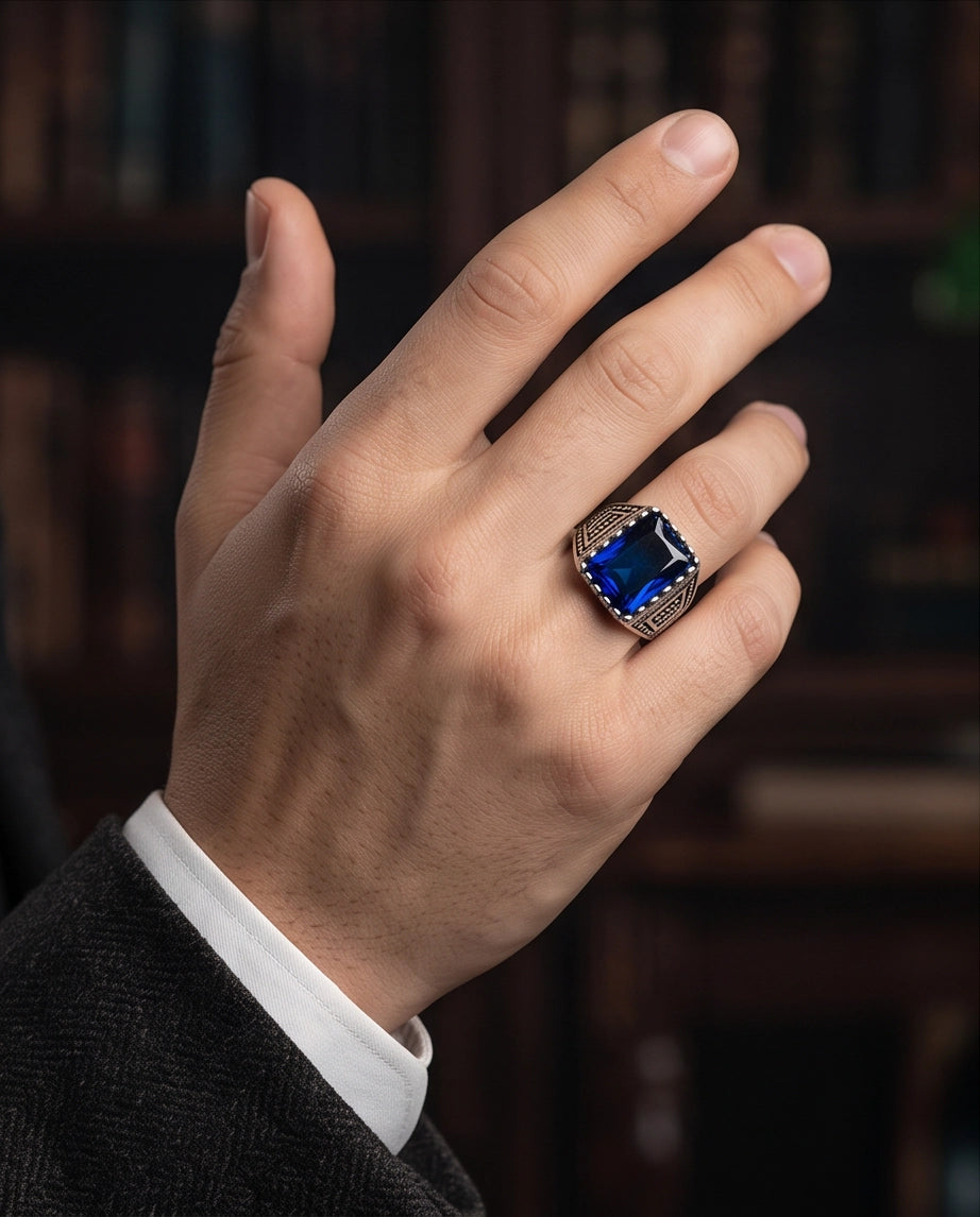 Sapphire Blue Emerald-Cut Gemstone Dot Matrix Architectural Silver Ring