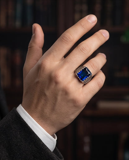 Sapphire Blue Emerald-Cut Gemstone Dot Matrix Architectural Silver Ring