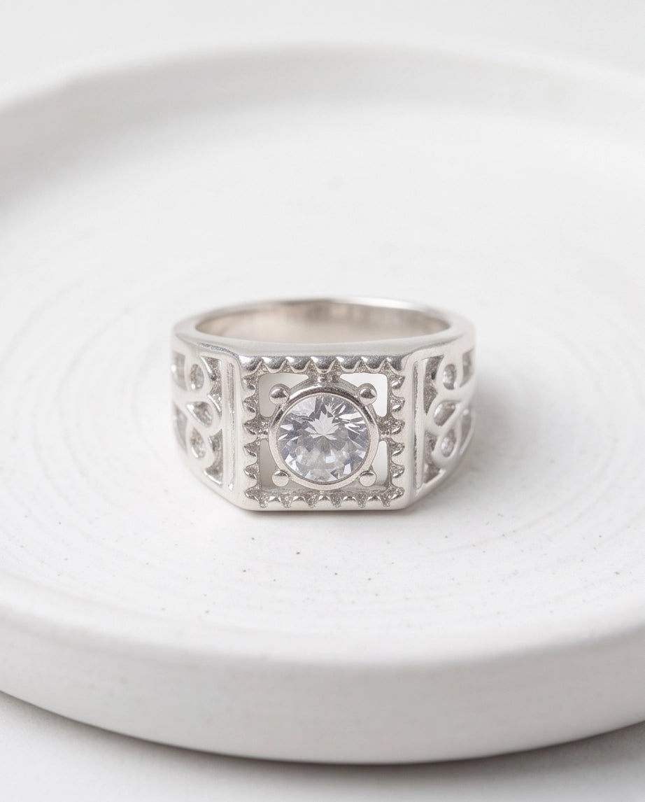 Clear Gemstone Square Sawtooth Bezel Filigree Cutout Silver Ring