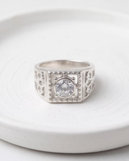 Clear Gemstone Square Sawtooth Bezel Filigree Cutout Silver Ring