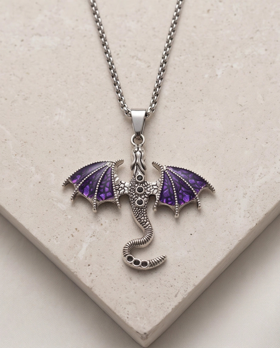 Silver Purple Enamel Dragon Wyvern Pendant Necklace