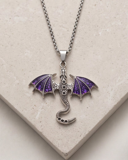 Silver Purple Enamel Dragon Wyvern Pendant Necklace