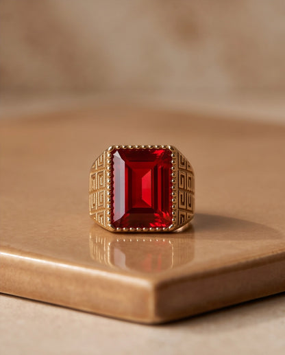 Ruby Red Emerald-Cut Gemstone Beaded Bezel Greek Key Gold Ring
