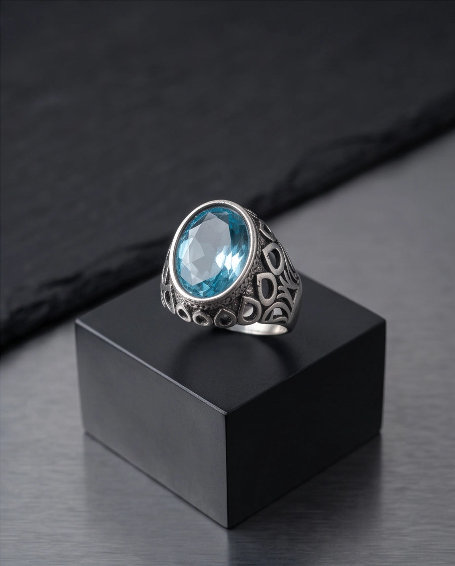 Aquamarine Oval-Cut Gemstone Openwork Scroll Silver Ring