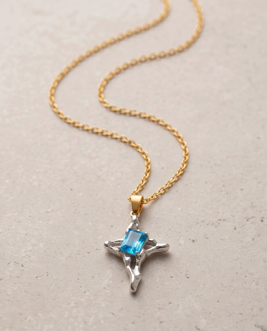 Silver Blue Gemstone Gothic Cross Pendant Necklace