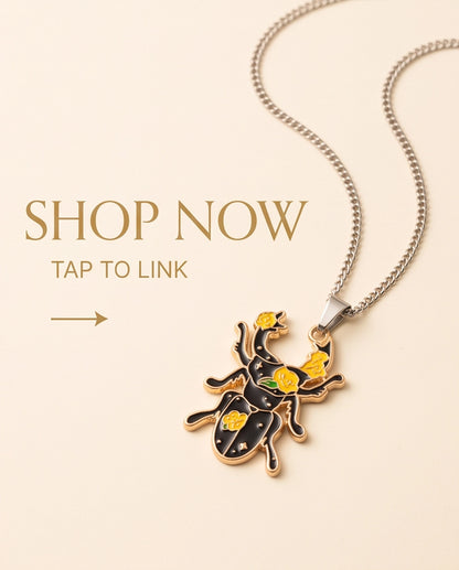 Gold Floral Stag Beetle Enamel Chain Necklace