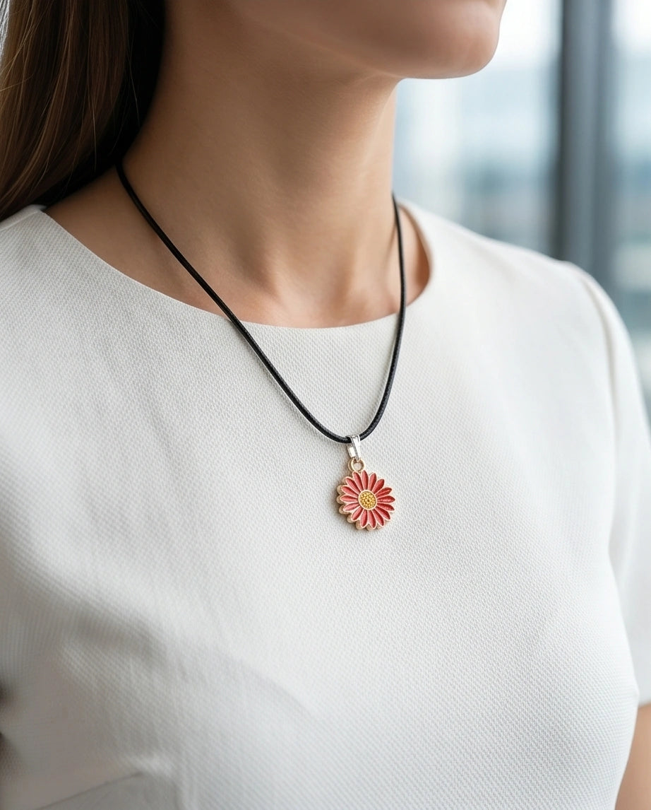 Gold and Red Sunflower Pendant Necklace
