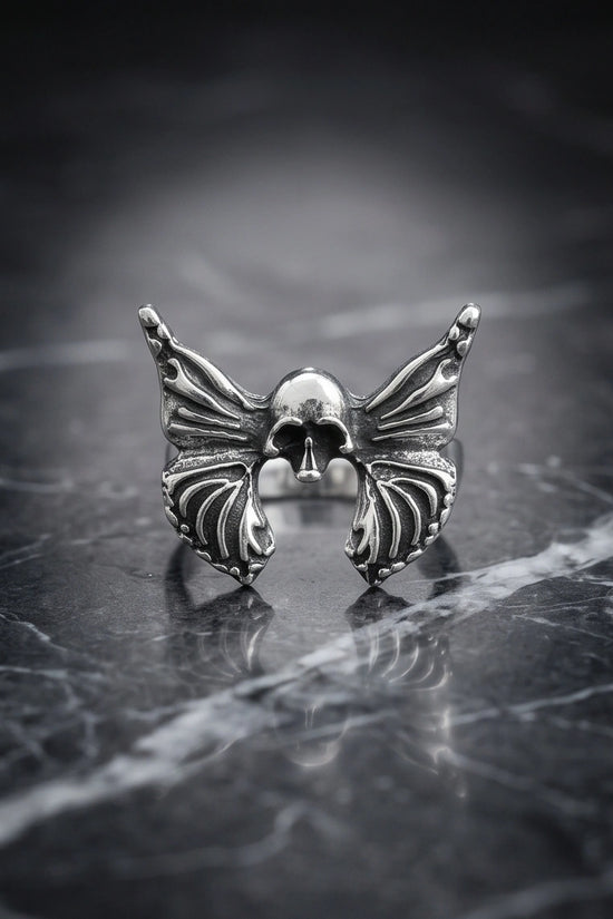 Gothic Sterling Silver Skull Butterfly Ring