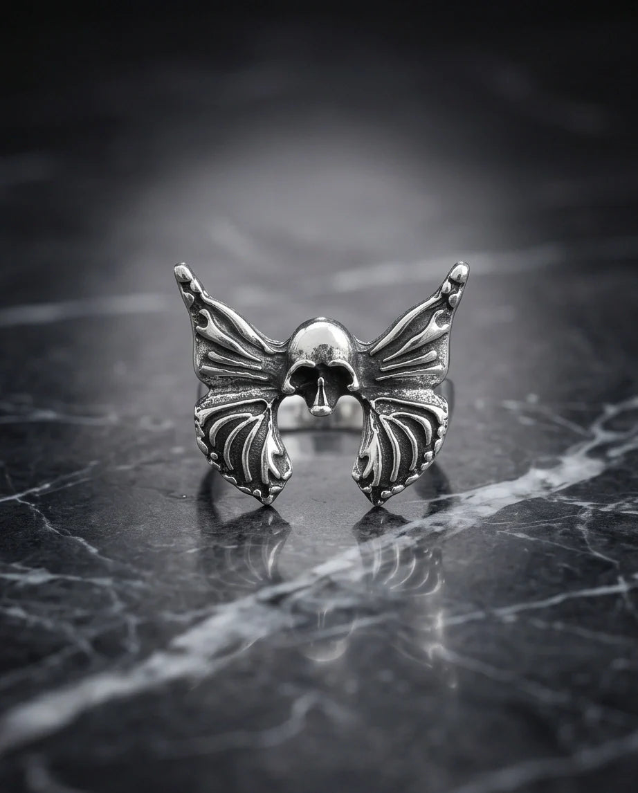 Gothic Sterling Silver Skull Butterfly Ring