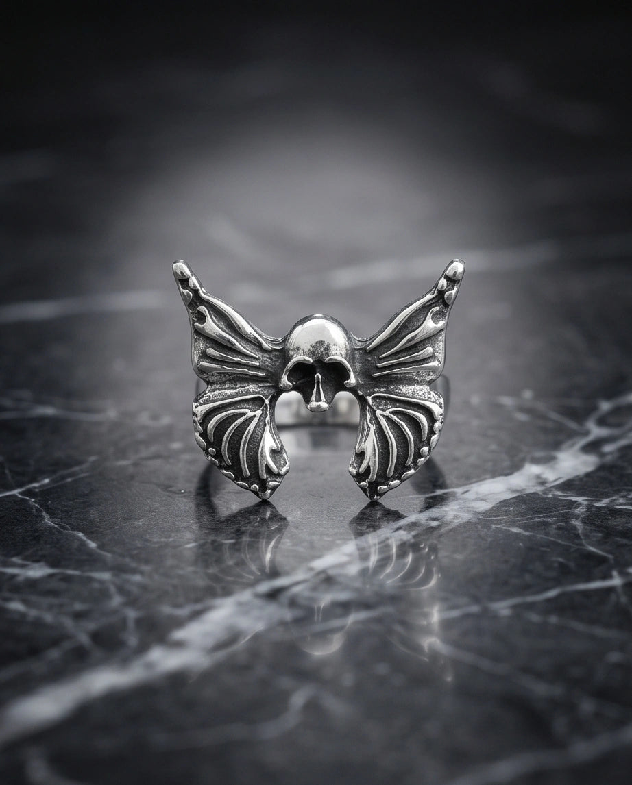 Gothic Sterling Silver Skull Butterfly Ring