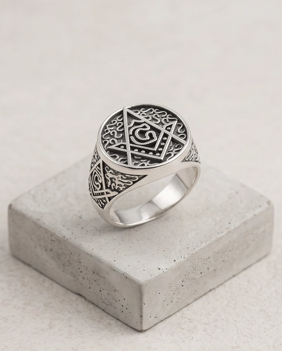 Masonic Scrollwork Oval Signet Silver Ring