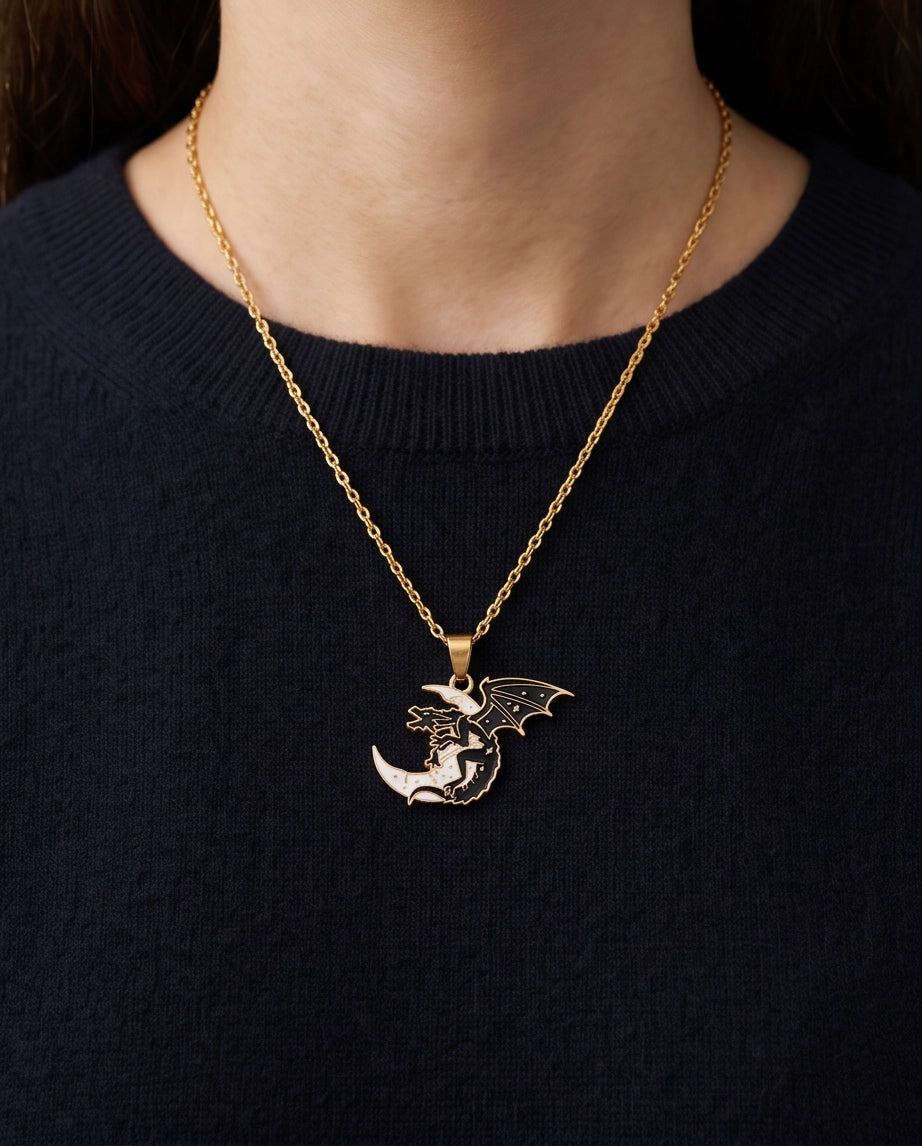 Gold Celestial Dragon White Crescent Moon Enamel Pendant Necklace