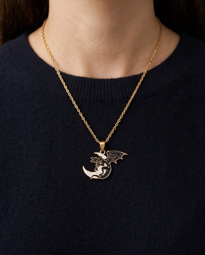 Gold Celestial Dragon White Crescent Moon Enamel Pendant Necklace