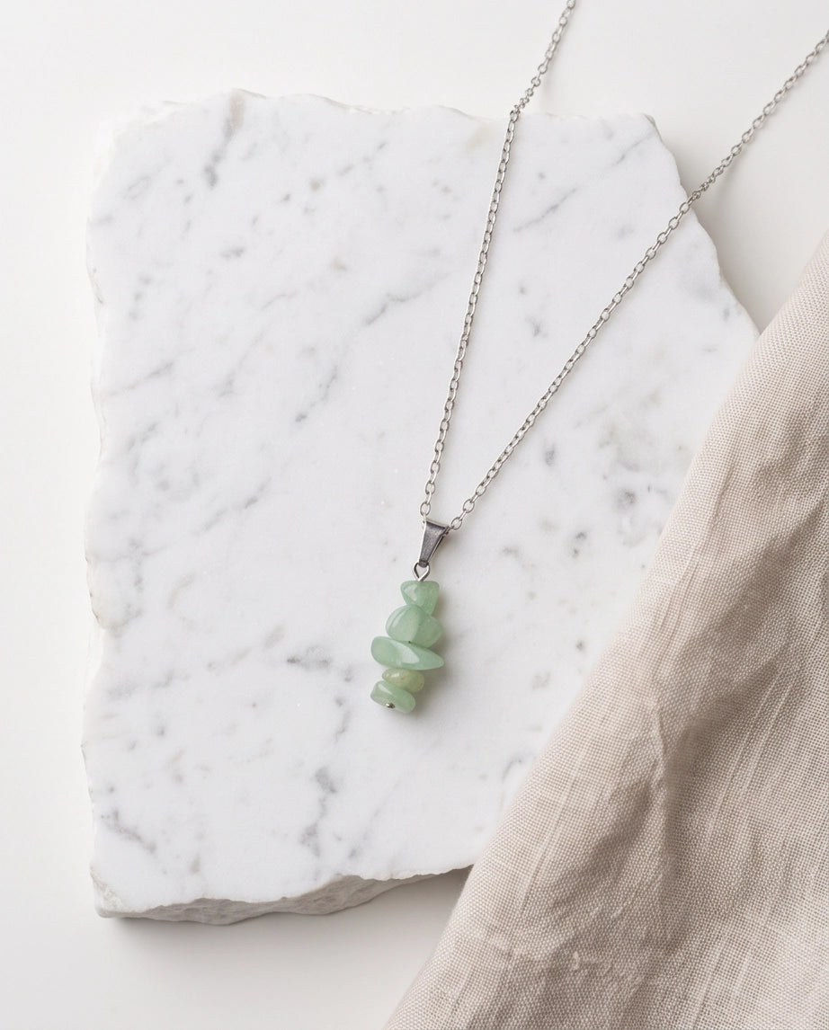 Silver Stacked Raw Green Aventurine Chip Stone Pendant Necklace