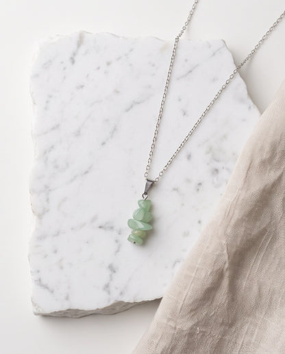 Silver Stacked Raw Green Aventurine Chip Stone Pendant Necklace