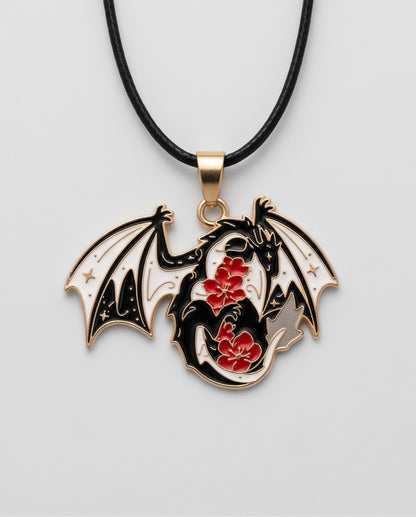 Gold Floral Dragon Black & White Enamel Pendant Necklace