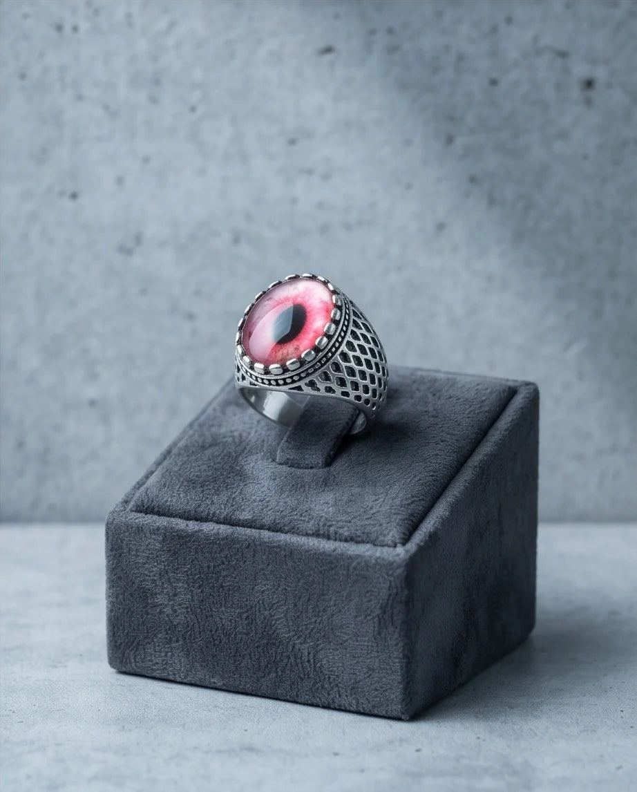 Vintage Sterling Silver Gothic Pink Eclipse Eye Ring