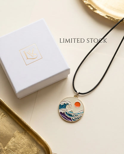 Great Wave & Sun Medallion Pendant Necklace