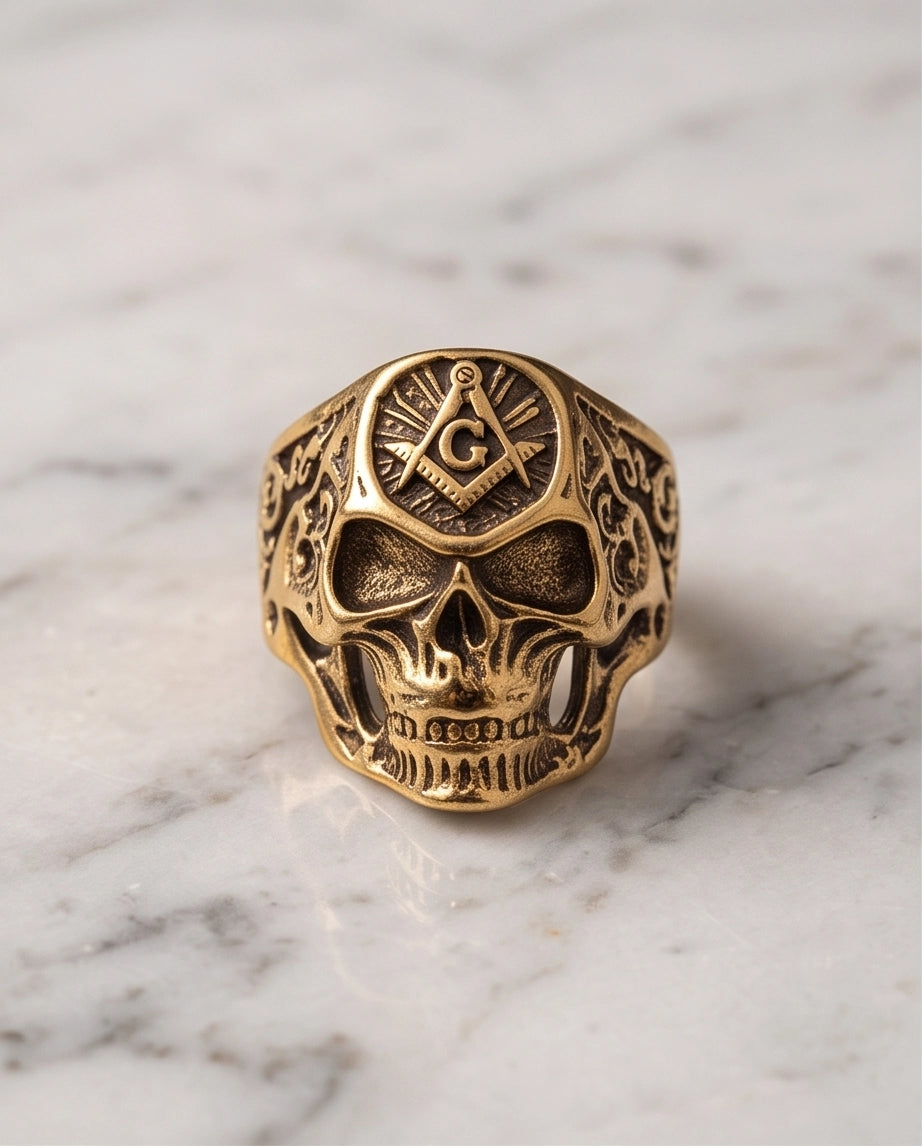 Masonic Square and Compass Anatomical Skull Gold Ring